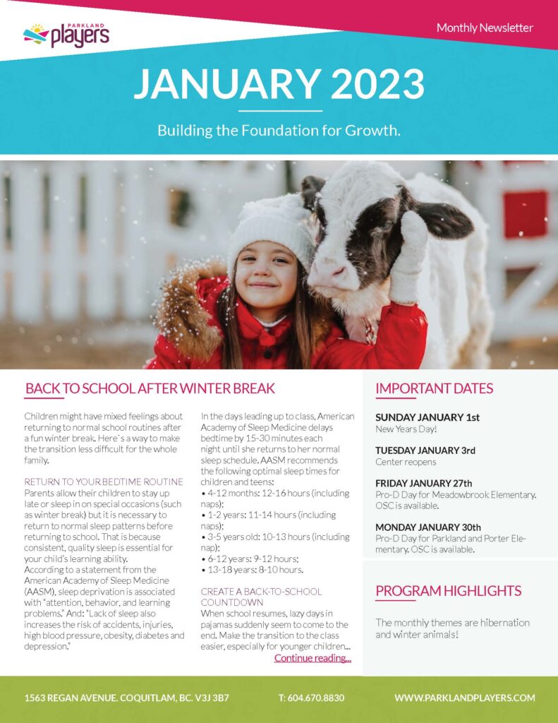January 2023 Newsletter Parkland Players Coquitlam Child Care